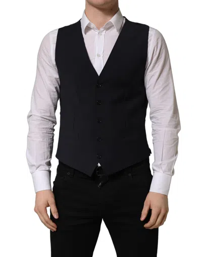 Dolce & Gabbana Black Wool Single Breasted Waistcoat Men's Vest In Blue
