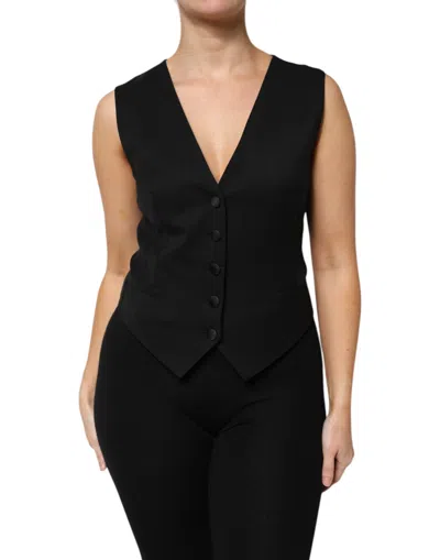 DOLCE & GABBANA DOLCE & GABBANA BLACK WOOL SLEEVELESS VEST WAISTCOAT WOMEN'S TOP