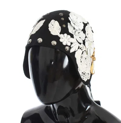 DOLCE & GABBANA DOLCE & GABBANA BLACK WOOL WHITE FLORAL GOLD LEAF WOMEN'S HAT