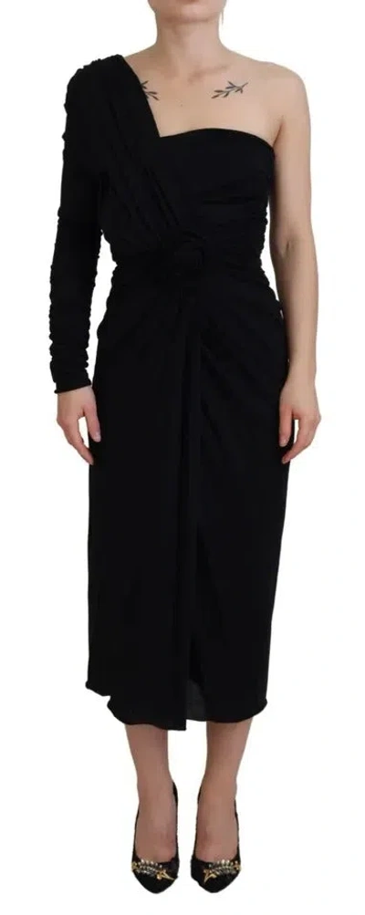 Pre-owned Dolce & Gabbana Black Wrap Sheath One Shoulder Wool Women's Dress ()