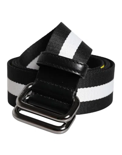 Dolce & Gabbana Black Yellow Logo Striped Metal Buckle Men's Belt ()