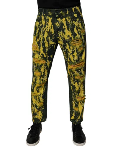 Dolce & Gabbana Black Yellow Tie Dye Tattered Skinny Men Denim Men's Jeans