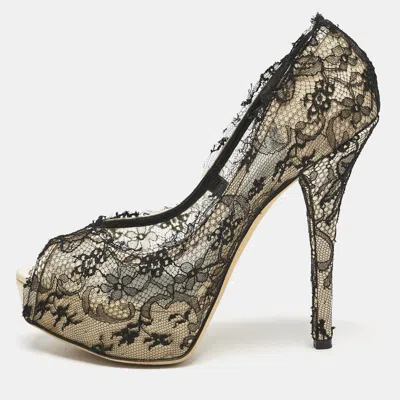 Pre-owned Dolce & Gabbana Black/beige Lace And Satin Peep Toe Platform Pumps Size 40
