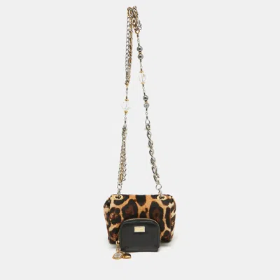 Pre-owned Dolce & Gabbana Black/beige Leopard Print Calfhair And Leather Mini Miss Charles Bag