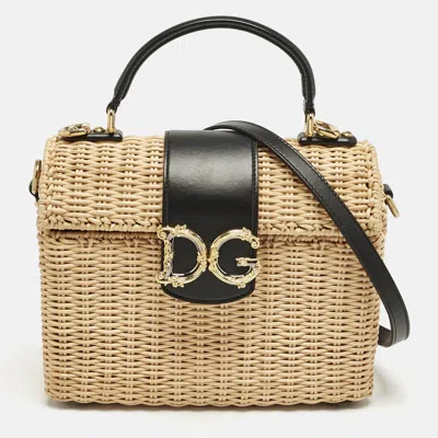 Pre-owned Dolce & Gabbana Black/beige Woven Rattan And Leather Dg Flap Top Handle Bag