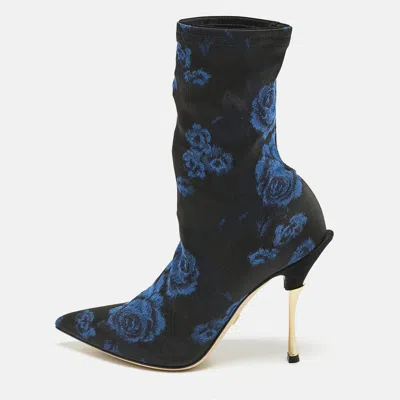 Pre-owned Dolce & Gabbana Black/blue Knit Fabric Rose Gardinale Ankle Length Boots Size 37.5