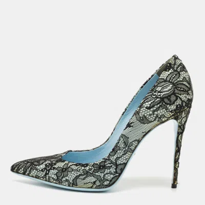 Pre-owned Dolce & Gabbana Black/blue Lace And Patent Leather Pointed Toe Pumps Size 38.5