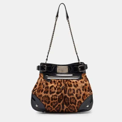 Pre-owned Dolce & Gabbana Black/brown Leopard Calfhair And Patent Leather Miss Silky Hobo