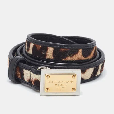 Pre-owned Dolce & Gabbana Black/brown Leopard Print Calf Hair And Leather Slim Waist Belt 85cm