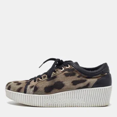 Pre-owned Dolce & Gabbana Black/brown Leopard Print Canvas And Leather Sneakers Size 40