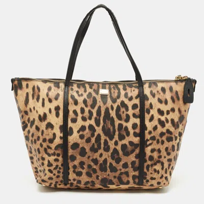 Pre-owned Dolce & Gabbana Black/brown Leopard Print Coated Canvas Miss Escape Zip Tote