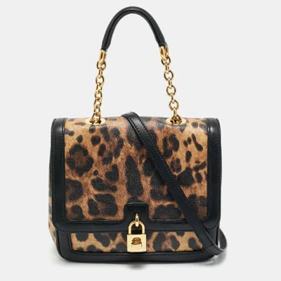 Pre-owned Dolce & Gabbana Black/brown Leopard Print Coated Canvas Padlock Top Handle Bag