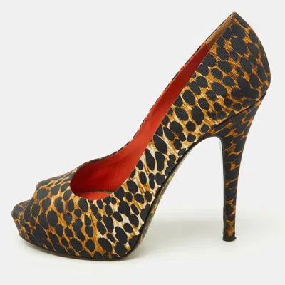 Pre-owned Dolce & Gabbana Black/brown Leopard Print Fabric Platform Peep Toe Pumps Size 37