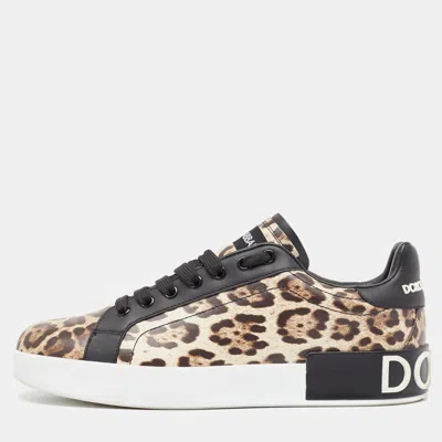 Pre-owned Dolce & Gabbana Black/brown Leopard Print Leather Portofino Low Top Sneakers Size 40