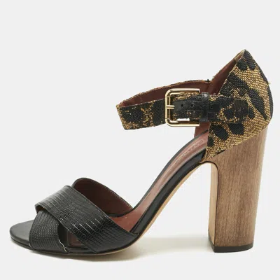 Pre-owned Dolce & Gabbana Black/brown Lizard Embossed Leather And Raffia Ankle Strap Sandals Size 40