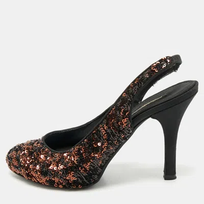 Pre-owned Dolce & Gabbana Black/brown Sequins Slingback Pumps Size 37.5