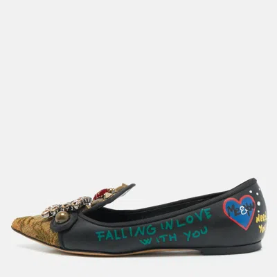 Pre-owned Dolce & Gabbana Black/gold Leather And Canvas Crystal Embellished Ballet Flat Size 37