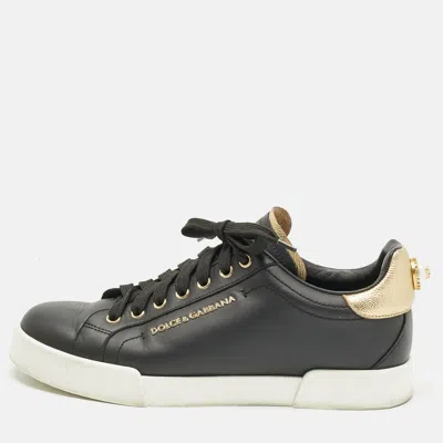 Pre-owned Dolce & Gabbana Black/gold Leather Portofino Pearl Embellished Low Top Sneakers Size 40