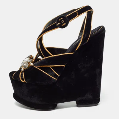 Pre-owned Dolce & Gabbana Black/gold Velvet And Leather Crystal Embellished Sandals Size 39