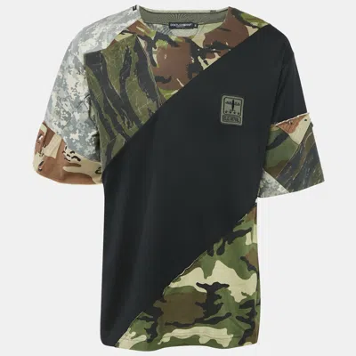 Pre-owned Dolce & Gabbana Black/green Camouflage Denim And Jersey Patchwork T-shirt M