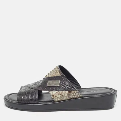 Pre-owned Dolce & Gabbana Black/green Crocodile And Python Leather Criss Cross Flat Slides Size 40