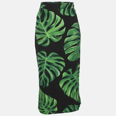 Pre-owned Dolce & Gabbana Black/green Monstera Leaf Printed Crepe Pencil Skirt M