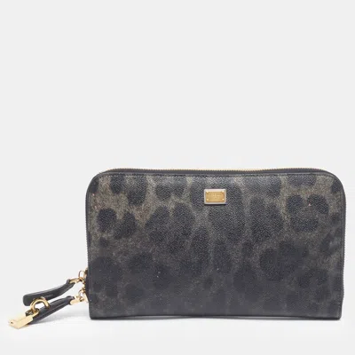 Pre-owned Dolce & Gabbana Black/grey Leopard Print Coated Canvas Zip Around Wallet Organizer