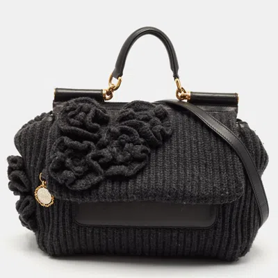 Pre-owned Dolce & Gabbana Black/grey Wool And Leather Large Miss Sicily Top Handle Bag
