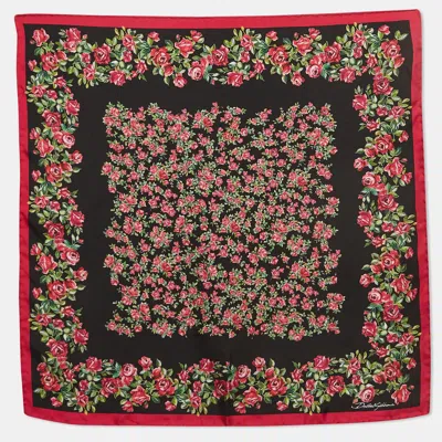 Pre-owned Dolce & Gabbana Black/pink Roses Print Silk Square Scarf