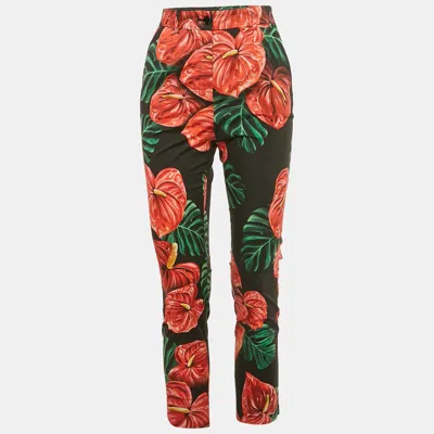 Pre-owned Dolce & Gabbana Black/red Anthurium Print Cotton Trousers S