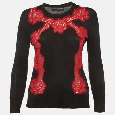 Pre-owned Dolce & Gabbana Black/red Lace Detail Sweater S