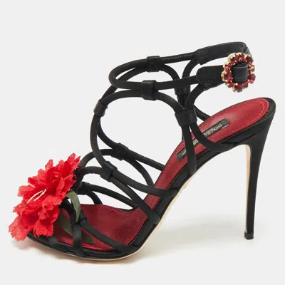 Pre-owned Dolce & Gabbana Black/red Satin Ankle Strap Sandals Size 36