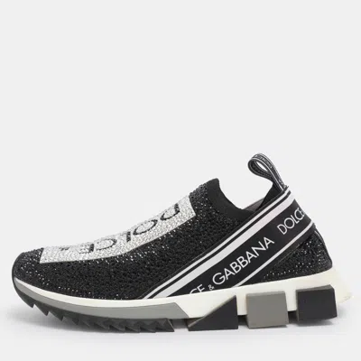 Pre-owned Dolce & Gabbana Black/silver Crystal Embellished Knit Fabric Sorrento Sneakers Size 38