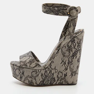 Pre-owned Dolce & Gabbana Black/white Chantilly Lace Printed Wedge Sandals Size 38.5