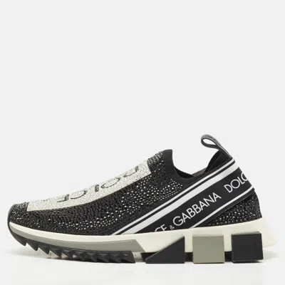 Pre-owned Dolce & Gabbana Black/white Knit Fabric Crystal Embellished Sorrento Slip On Sneakers Size 38.5