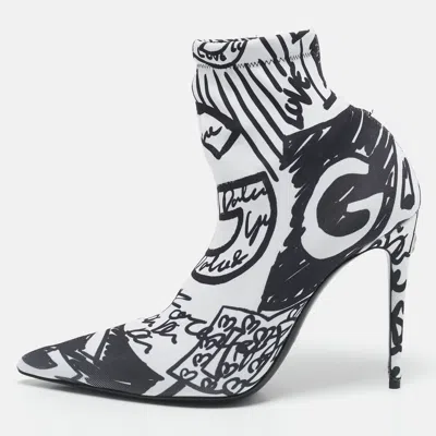Pre-owned Dolce & Gabbana Black/white Knit Fabric Graffiti Sock Boots Size 36
