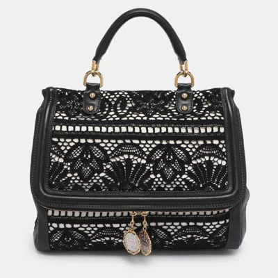 Pre-owned Dolce & Gabbana Black/white Lace And Leather Large Miss Sicily Top Handle Bag
