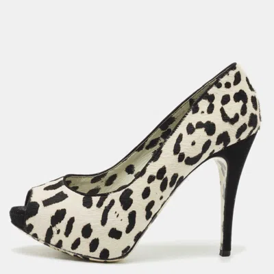 Pre-owned Dolce & Gabbana Black/white Leopard Print Calfhair Peep Toe Pumps Size 39