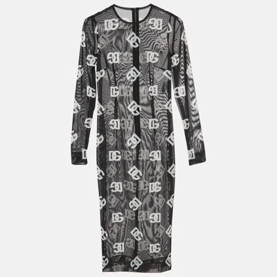 Pre-owned Dolce & Gabbana Black/white Logo Print Mesh Midi Dress S