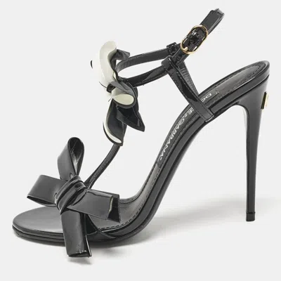 Pre-owned Dolce & Gabbana Black/white Patent Flower Slingback Sandals Size 37