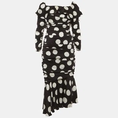 Pre-owned Dolce & Gabbana Black/white Polka Dots Satin Ruche Midi Dress M