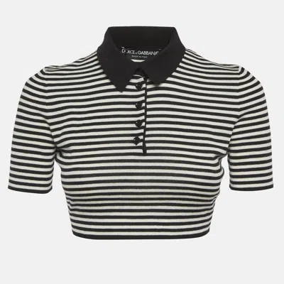 Pre-owned Dolce & Gabbana Black/white Striped Wool Knit Cropped Polo Top S