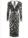 Dolce & Gabbana Ruched Zebra-print Crepe Midi Dress In Blackwhite