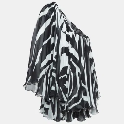 Pre-owned Dolce & Gabbana Black/white Zebra Print Chiffon Silk One Shoulder Dress M
