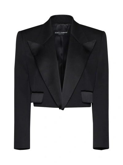 Dolce & Gabbana 'spencer' Black Single-breasted Cropped Jacket With Peak Revers In Velvet Woman