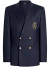 Dolce & Gabbana Men Double-breasted Wool Jacket With Patch In Blue