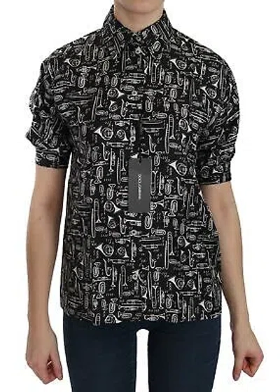 Pre-owned Dolce & Gabbana Blouse Black Musical Instrument Collared Top It44/us10/l Rrp$700