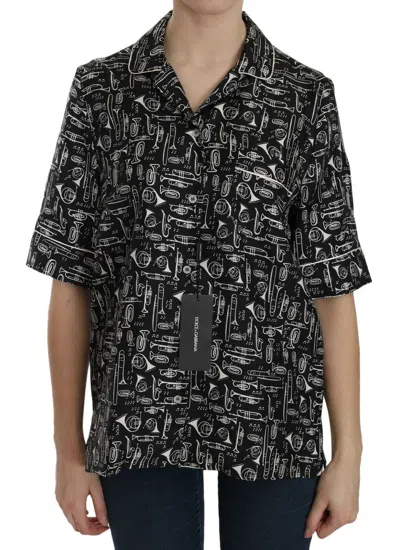 Pre-owned Dolce & Gabbana Blouse Black Musical Instrument Print Silk Top It38/us4/xs $980