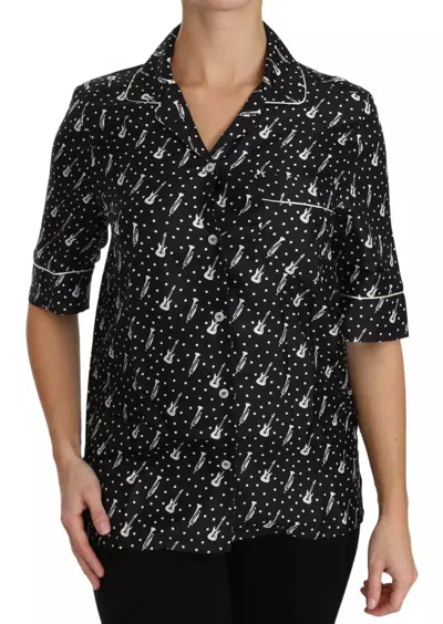 Pre-owned Dolce & Gabbana Blouse Guitar & Trumpet Print Silk Shirt Top It36/us2/xxs $1100 In Black
