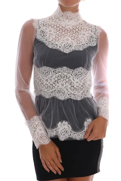 Pre-owned Dolce & Gabbana Blouse Mock Neck Top White Floral Lace It46 / Us12/ L Rrp $2200